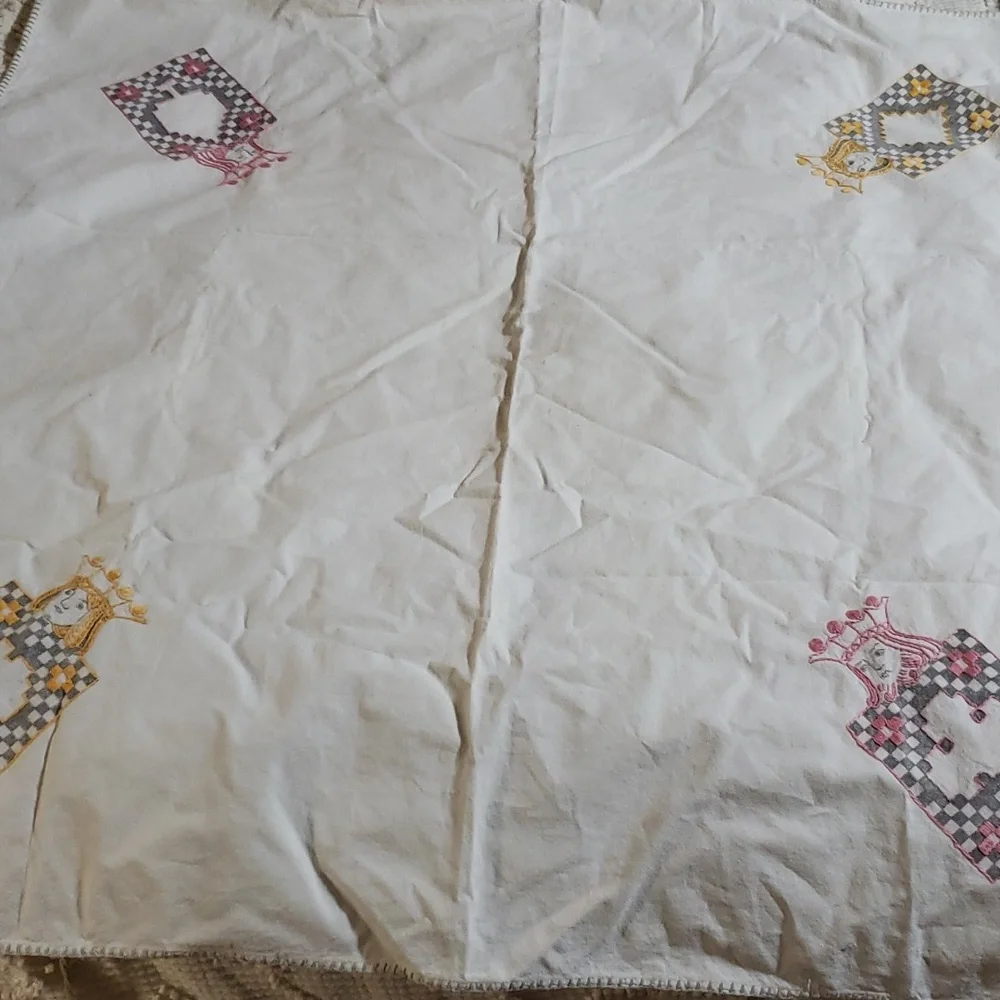 Vintage Card table cover. Handstitched pink an yellow.